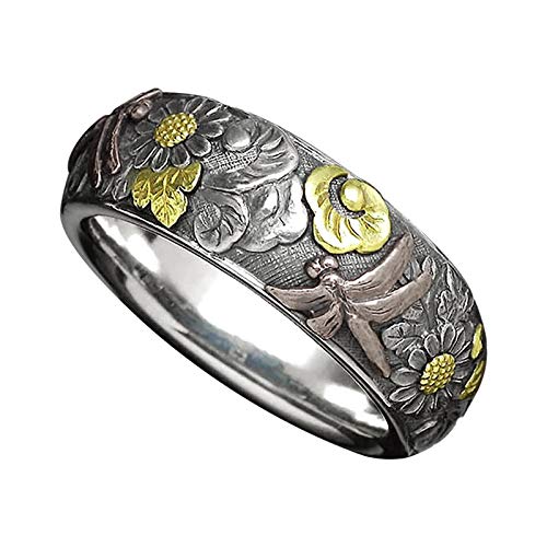 luoluoluo Herren Frauen Ringe Handgemachte Vintage Blume Farbe Blume Tier Ring Retro Libellen Gravierter Textur Ring von luoluoluo