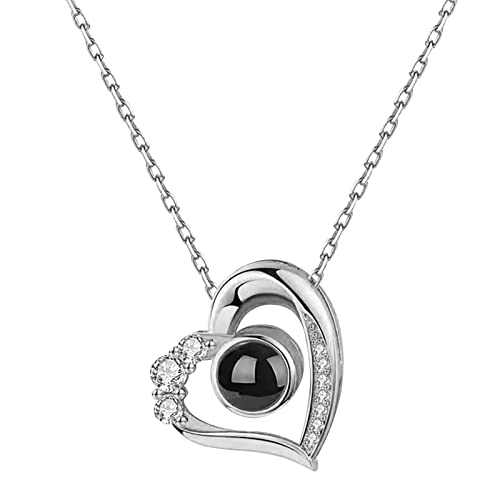 luoluoluo Personalisiert Herz Projektion Halskette -I Love You- In 100 Sprachen Cubic-Zirconia Romantische Geschenk Halskette für Frauen Mädchen Wunderbares Schmuck Geschenk von luoluoluo
