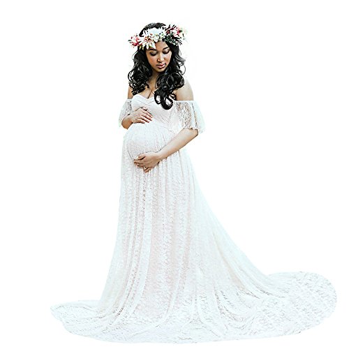 luoluoluo Umstandskleid Damen Schulterfrei Rüschen Kurzarm Spitze Brautkleid Maxi Fotografie Kleid Schleppendes Langes Abendkleid Fotoshooting Umstandsmode von luoluoluo