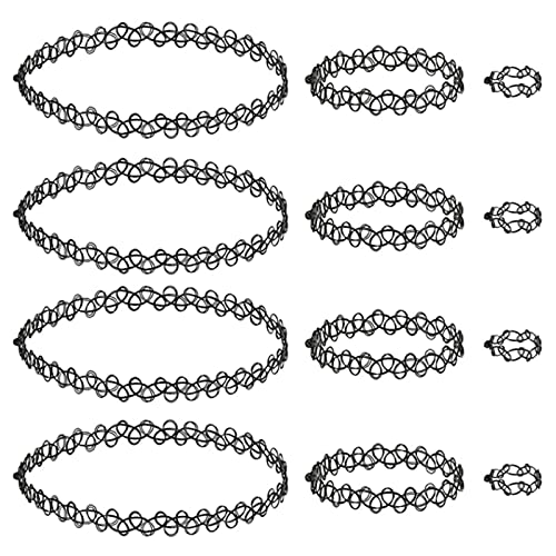 luoshaPUCY Choker Halskette Sets (3 Sets, 12 Stücke) Kropfband, Armband, Ringe Stretch Tattoo Halskette Elastische Hohlgewebe Schmuckset Halsband für Mädchen Frauen Kinder von luoshaPUCY