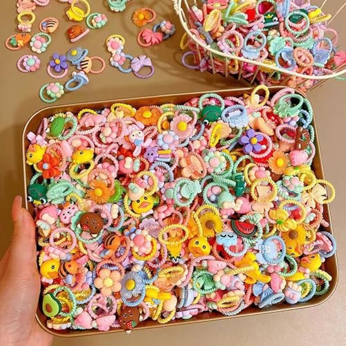 lurora2021 80 Stück Bunte Haargummis Set Zopfgummis Mädchen Haarschmuck Mädchen Haargummi Mädchen Viele Stile Haargummis Mädchen Set Mit Tier-,Früchte-,Blumen- Und Schleifen-Designs (Zufälliges Muster von lurora2021