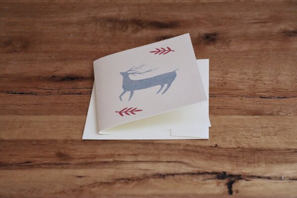 luscinia Handbedruckte Stoff-Grußkarte "Hirsch Blau" mit Briefumschlag von luscinia