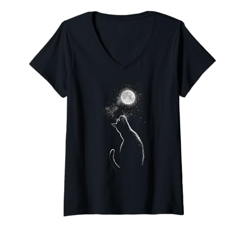 Damen Katze Silhouette vor Mond Moondphase Katzen Kätzchen T-Shirt mit V-Ausschnitt Damen Katze Silhouette vor Mond Moondphase Katzen Kätzchen T-Shirt mit V-Ausschnitt von lustige Katze mit gestreckten Pfoten Designs