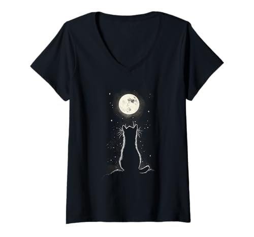 Damen Katze Silhouette vor Mond Moondphase Katzen Kätzchen T-Shirt mit V-Ausschnitt Damen Katze Silhouette vor Mond Moondphase Katzen Kätzchen T-Shirt mit V-Ausschnitt von lustige Katze mit gestreckten Pfoten Designs