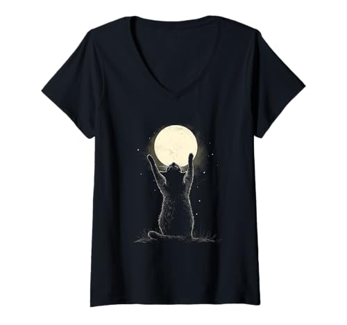 Damen Katze Silhouette vor Mond Moondphase Katzen Kätzchen T-Shirt mit V-Ausschnitt von lustige Katze mit gestreckten Pfoten Designs