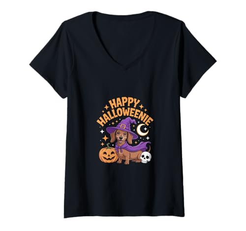 Damen Weiner Dog Hexe Happy Halloweenie süße Halloween Dachshund T-Shirt mit V-Ausschnitt Damen Weiner Dog Hexe Happy Halloweenie süße Halloween Dachshund T-Shirt mit V-Ausschnitt von lustige gruselige Saison Halloween