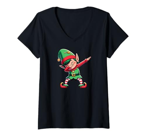 Damen Dabbing Weihnachts Elf Dab Weihnachten T-Shirt mit V-Ausschnitt von lustige weihnachts Charakter