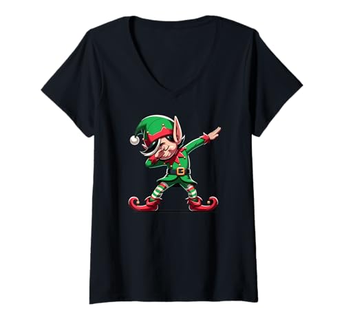 Damen Dabbing Weihnachts Elf Dab Weihnachten T-Shirt mit V-Ausschnitt von lustige weihnachts Charakter
