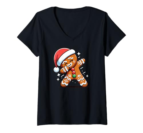 Damen Dabbing Weihnachts Lebkuchen Dab Weihnachten T-Shirt mit V-Ausschnitt von lustige weihnachts Charakter