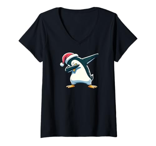 Damen Dabbing Weihnachts Pinguin Dab Weihnachten T-Shirt mit V-Ausschnitt von lustige weihnachts Charakter