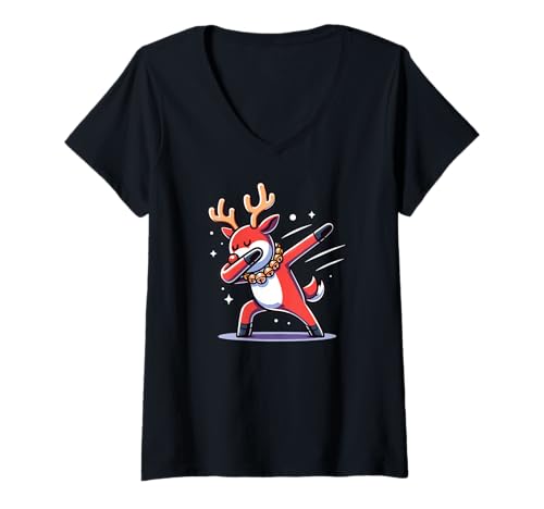 Damen Dabbing Weihnachts Rentier Dab Weihnachten T-Shirt mit V-Ausschnitt von lustige weihnachts Charakter