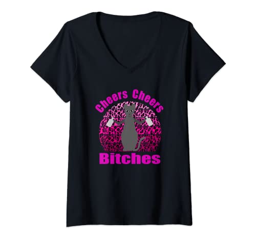 Damen Cheers Bitches lustiges Frau saufen Design Leopardenmuster T-Shirt mit V-Ausschnitt von lustiger Leopard cheers Bitches Frau Partyshirt