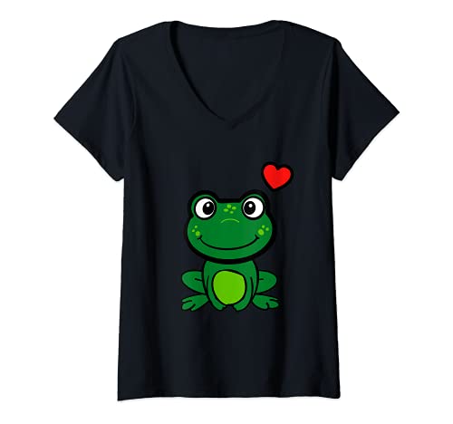 Damen süßer kleiner grüner Frosch mit Herzchen T-Shirt mit V-Ausschnitt Damen süßer kleiner grüner Frosch mit Herzchen T-Shirt mit V-Ausschnitt von lustiger kleiner grüner Frosch