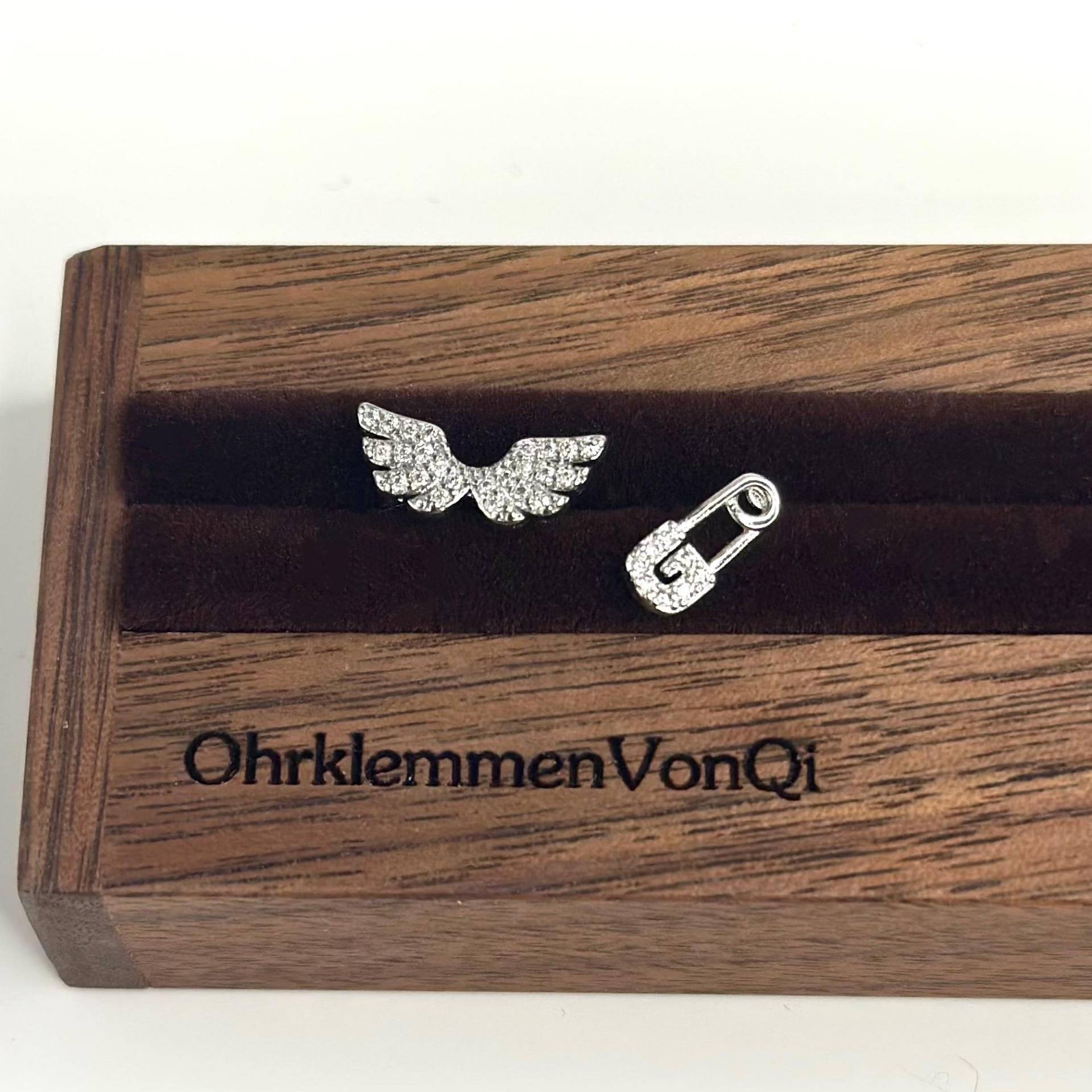 Flügel-Ohrclip & Sicherheitsnadel-Ohrstecker - Silber, Zirkonia von lustigerSchmuckVonQi