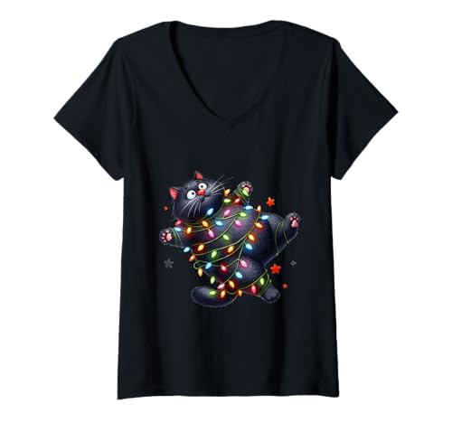 Damen Design für Weihnachten Katzenliebhaber Chistbaum Beleuchtung T-Shirt mit V-Ausschnitt Damen Design für Weihnachten Katzenliebhaber Chistbaum Beleuchtung T-Shirt mit V-Ausschnitt von lustiges Design für Katzen und Kätzchen Fans