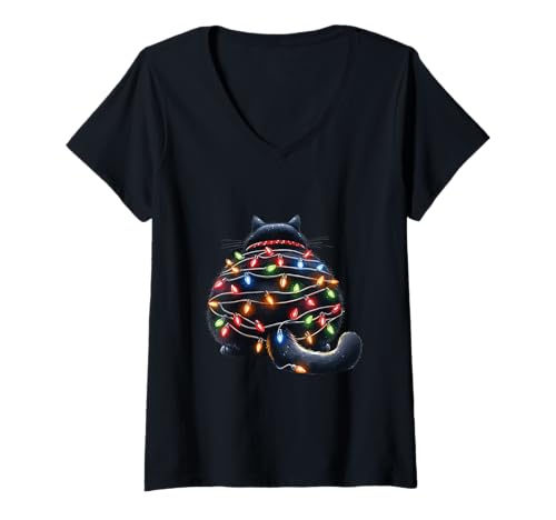 Damen Design für Weihnachten Katzenliebhaber Chistbaum Beleuchtung T-Shirt mit V-Ausschnitt Damen Design für Weihnachten Katzenliebhaber Chistbaum Beleuchtung T-Shirt mit V-Ausschnitt von lustiges Design für Katzen und Kätzchen Fans
