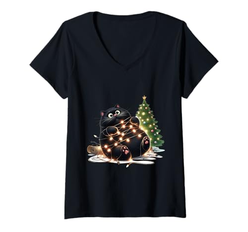 Damen Design für Weihnachten Katzenliebhaber Chistbaum Beleuchtung T-Shirt mit V-Ausschnitt Damen Design für Weihnachten Katzenliebhaber Chistbaum Beleuchtung T-Shirt mit V-Ausschnitt von lustiges Design für Katzen und Kätzchen Fans