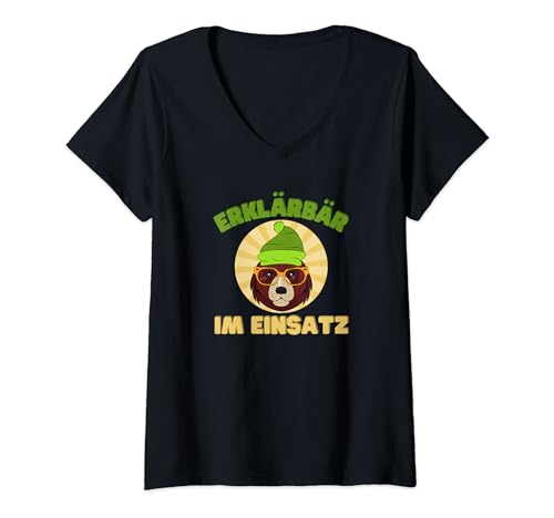 Damen Erklärbär Motiv, Erklärbär im Einsatz T-Shirt mit V-Ausschnitt von lustiges Erklärbär Homeoffice Büro Motiv BATEDI