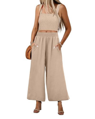 luvamia 2-teiliges Outfit für Damen, Sommer, trendig, ärmellos, quadratischer Ausschnitt, bauchfreies Tank-Top, weites Bein, Hose, passende Sets, Mandel, S von luvamia