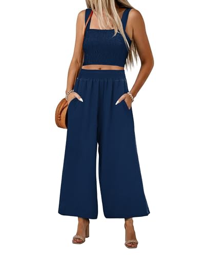 luvamia 2-teiliges Outfit für Damen, Sommer, trendig, ärmellos, quadratischer Ausschnitt, bauchfreies Tank-Top, weites Bein, Hose, passende Sets, Marineblau, XL von luvamia