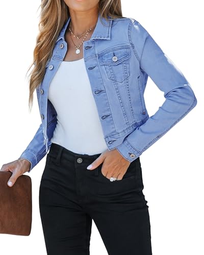 luvamia 2023 Cropped Jean Jacken für Frauen Mode Kurze Denim Shacket Jacke Leichte Fitted Stretchy mit Taschen, Mittelblau, L von luvamia