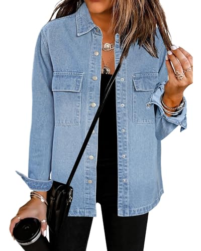 luvamia 2023 Jean Jacken für Frauen Mode Oversized Button Down Denim Jacke Western Herbst Shacket Jacke mit Taschen, luftiges Blau, XL von luvamia