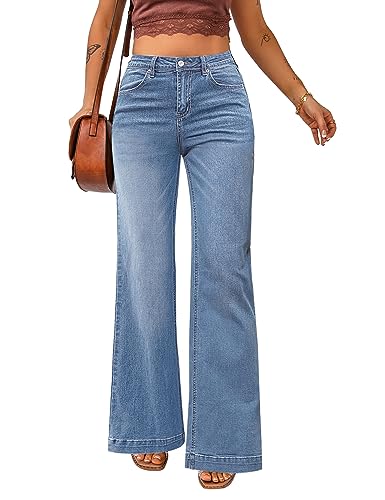 luvamia 2024 Jeans mit weitem Bein für Damen, hohe Taille, dehnbar, klassisch, Baggy, Flare-Jeans, Denim-Hose, Cooles klassisches Blau, X-Klein von luvamia