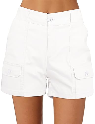 luvamia Cargo-Shorts für Damen, lässig, Sommer, hohe Taille, Chino-Shorts, gerippt, elastische Taille, praktische Taschen, bequeme Shorts, Weiss/opulenter Garten, Klein von luvamia