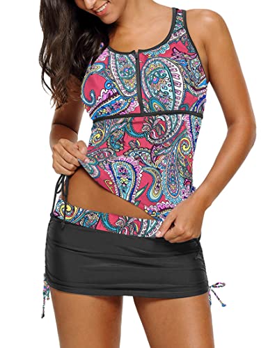 luvamia Damen 2-teiliges Tankini-Set mit Reißverschluss, Racerback, Badeanzüge mit Rock, A1 Paisley - Mehrfarbig, Medium von luvamia