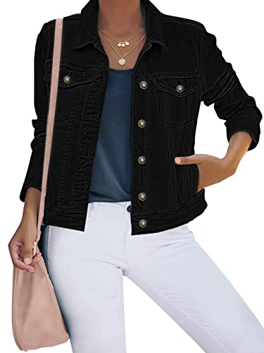 luvamia Damen Basic Button Down Stretch Fitted Lange Ärmel Denim Jeansjacke, A Always Black, L von luvamia