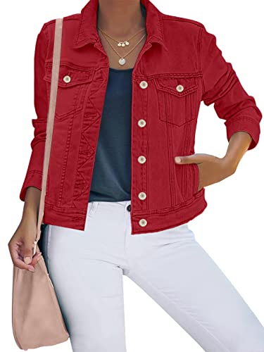 luvamia Damen Basic Button Down Stretch Fitted Lange Ärmel Denim Jeansjacke, A True Red, Medium von luvamia