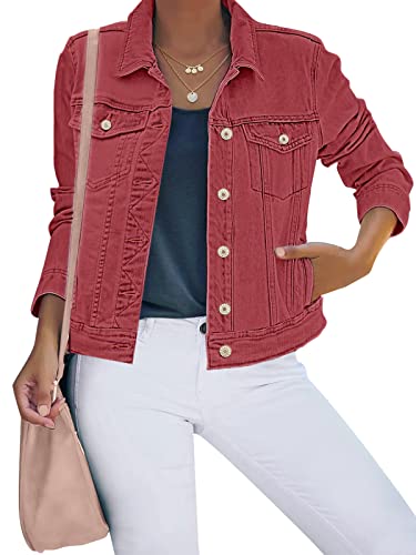 luvamia Damen Basic Button Down Stretch Fitted Lange Ärmel Denim Jeansjacke, Eine Barockrose, L von luvamia