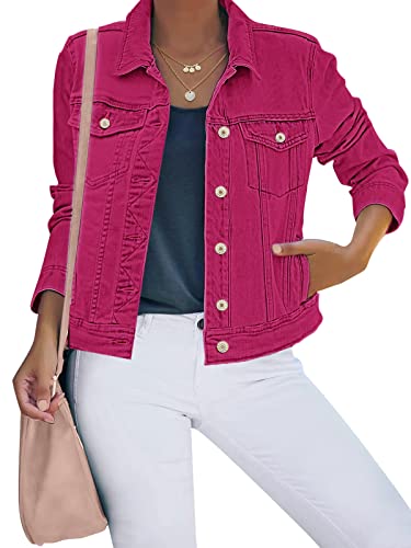 luvamia Damen Basic Button Down Stretch Fitted Lange Ärmel Denim Jeansjacke, Eine Himbeerrosa, S von luvamia