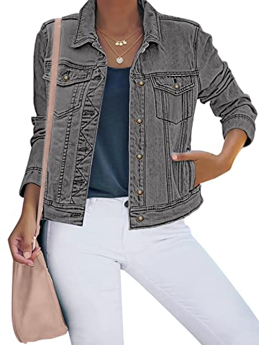 luvamia Damen-Jeansjacke mit Knopfleiste, Stretch, enganliegend, lange Ärmel, Denim-Jacke, Grau, S von luvamia