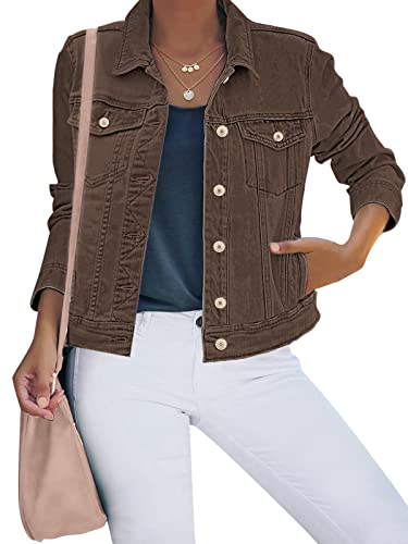 luvamia Damen Basic Button Down Stretch Fitted Long Sleeves Denim Jeans Jacke, Mustang Brown, XL von luvamia