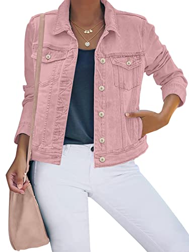 luvamia Damen Basic Button Down Stretch Fitted Long Sleeves Denim Jeans Jacke, Pink, 3XL von luvamia