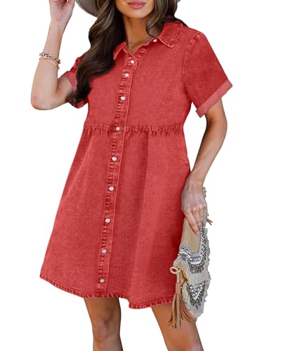 luvamia Damen Casual Kurzarm Button Down Stufened Denim Babydoll Jeans Kleid, rot (poppy red), X-Klein von luvamia