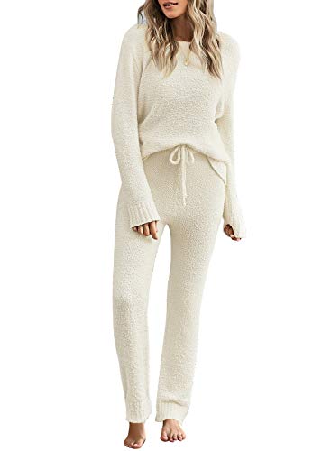 luvamia Lässiges Pyjama-Set für Damen, flauschiges Fleece, gestrickt, langärmelig, Pyjama, Loungewear, Beige., S von luvamia