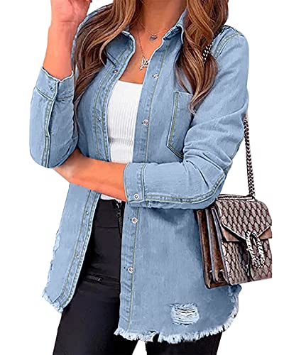 luvamia Damen Jeansjacke Distressed Button Down Jeanshemd für Frauen Ripped Shacket Mantel, E-cool Blau, XXL von luvamia