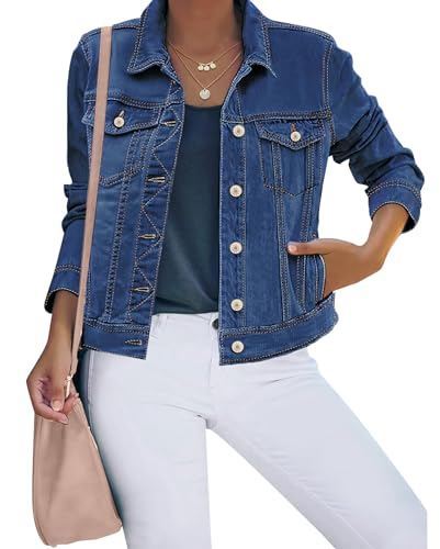 luvamia Damen Jeansjacke Knopfleiste Langarm Stretch Jeans Trucker Jacken, blau, 36 von luvamia