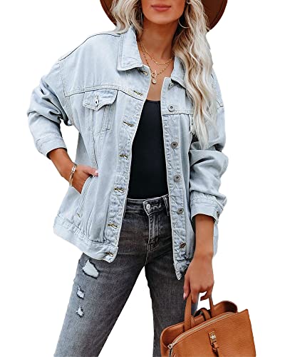 luvamia Damen Jeansjacke Oversized Boyfriend Trucker Denim Jacken für Frauen Shacket, Azure Stimmung, M von luvamia