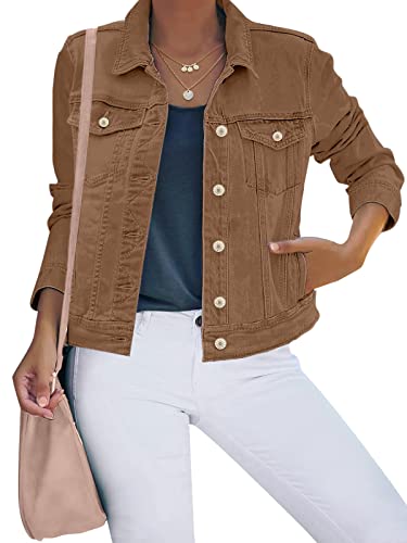 luvamia Damen-Jeansjacke mit Knopfleiste, Stretch, enganliegend, lange Ärmel, Denim-Jacke, Braun, M von luvamia