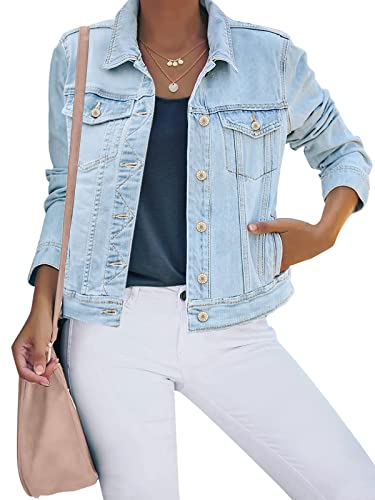 luvamia Damen-Jeansjacke mit Knopfleiste, Stretch, enganliegend, lange Ärmel, Denim-Jacke, Hell, blau, S von luvamia