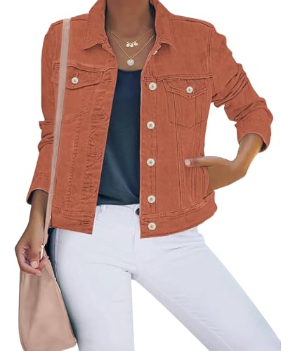 luvamia Damen-Jeansjacke mit Knopfleiste, Stretch, enganliegend, lange Ärmel, Denim-Jacke, Orange Rost, XX-Large von luvamia