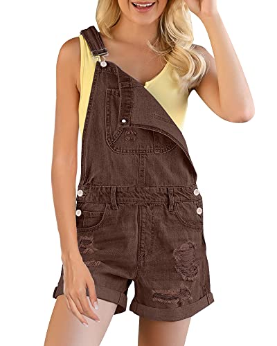 luvamia Damen Ripped Kurze Overalls Verstellbare Denim Bib Overall Shorts Strampler, Schokoladenbraun, Large von luvamia