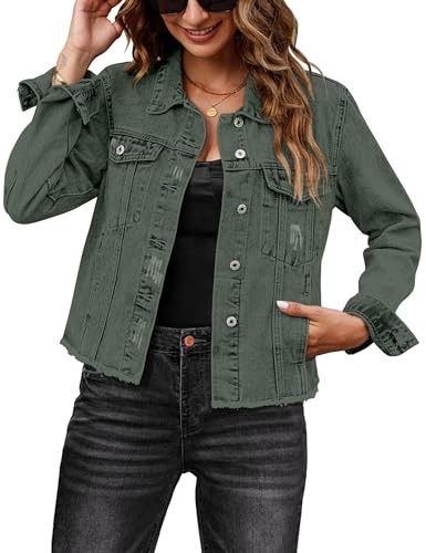 luvamia Jeansjacke für Damen, Jeansjacke im Used-Look, Knopfleiste, Vintage-Stil, Western-Trucker-Jacke, ausgefranster Saum, Taschen, Grün (Army Green), Large von luvamia