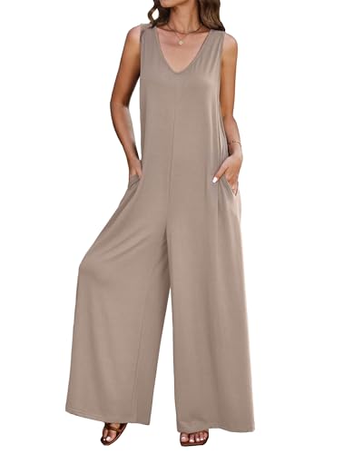 luvamia Jumpsuit für Damen, lässig, ärmellos, weites Bein, Overall, Baggy, lockerer Einteiler, Pullover mit Taschen, Lounge, Taupe, X-Large von luvamia