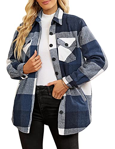 luvamia Karierte Jacken für Damen, Flanell, gesteppt, Shacket Mäntel, übergroße Button-Down-Shirts, Jacke, Dunkelblau kariert, XS von luvamia