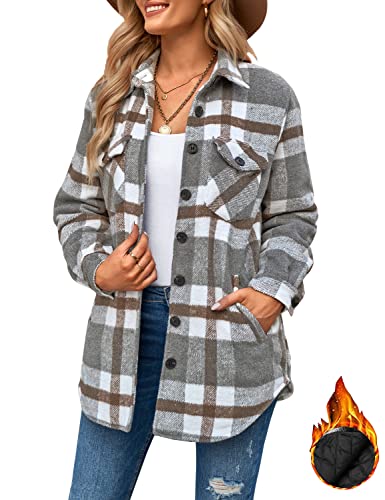 luvamia Karierte Jacken für Damen, Flanell, gesteppt, Shacket Mäntel, übergroße Button-Down-Shirts, Jacke, Ein graues Plaid, XS von luvamia