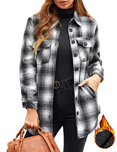 luvamia Karierte Jacken für Damen, Flanell, gesteppt, Shacket Mäntel, übergroße Button-Down-Shirts, Jacke, Schwarz Plaid , S von luvamia